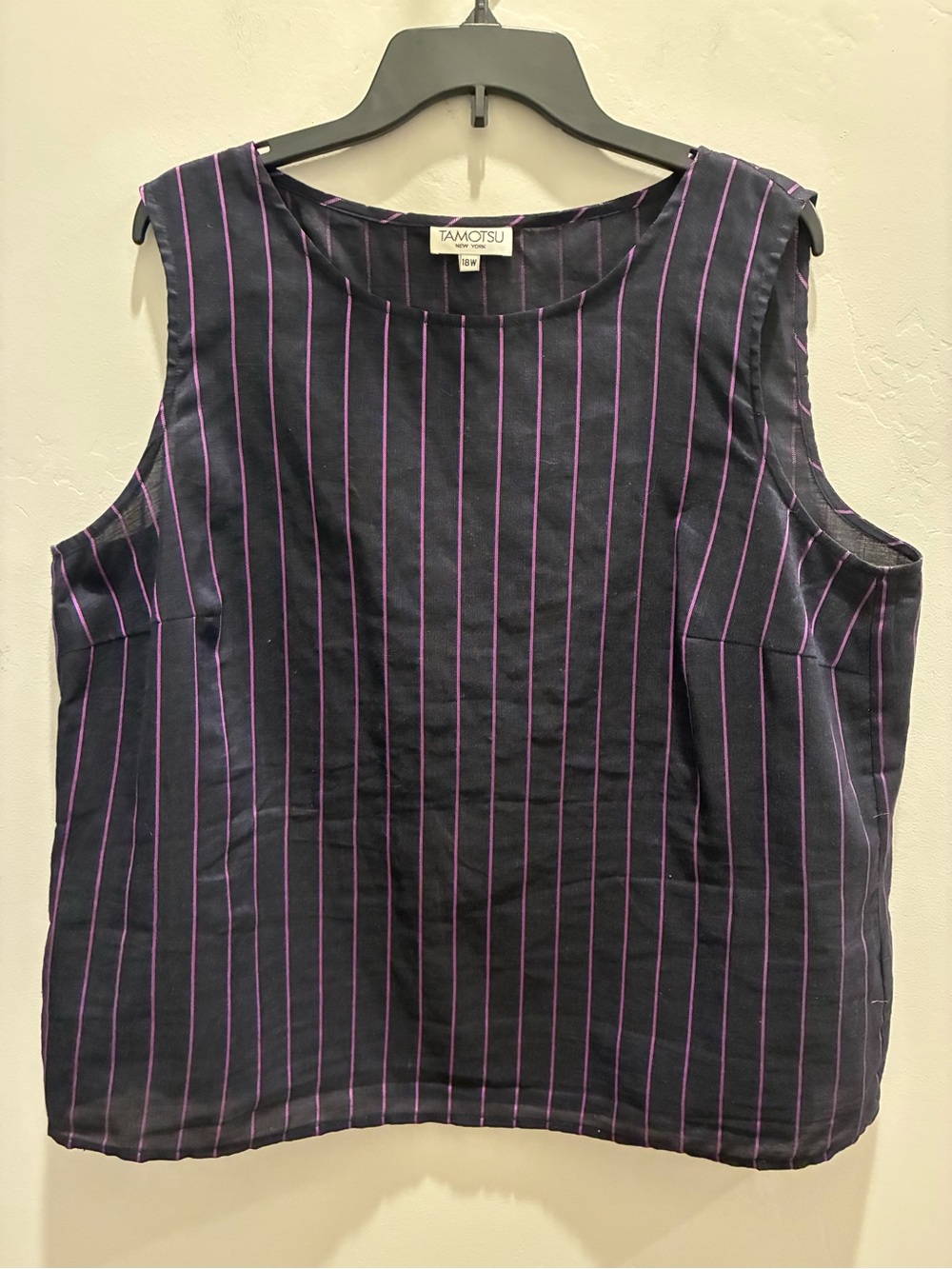 Tamotsu Navy Sleeveless Tank with Purple Pinstripes